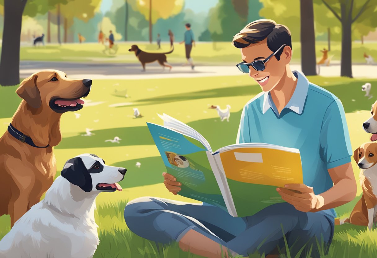 A dog owner reads a brochure on Gothaer pet insurance, surrounded by happy, healthy dogs playing in a sunny park