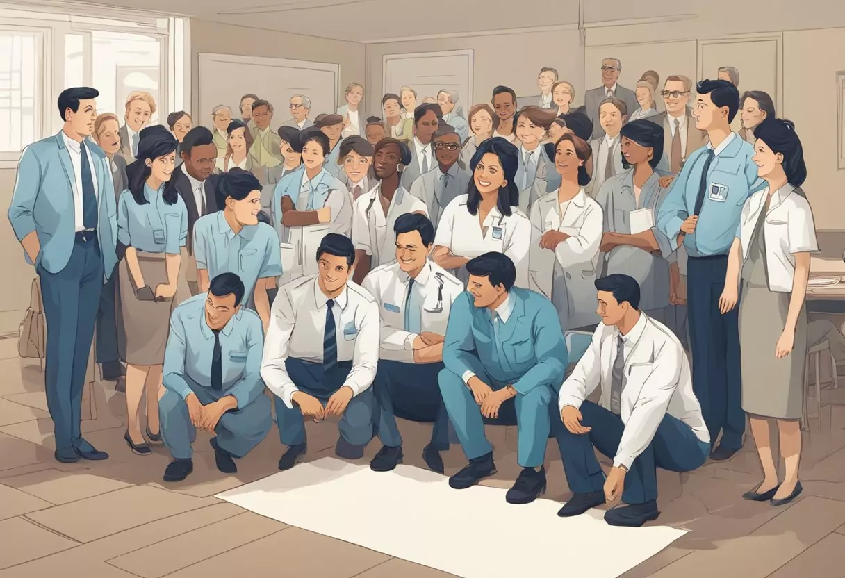 A group of happy and healthy-looking government employees are gathered around a banner that reads "Private Health Insurance for Civil Servants by ottonova." The scene exudes a sense of security and satisfaction