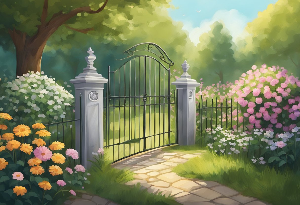 A serene, sunlit garden with a peaceful atmosphere, featuring a small, elegant tombstone adorned with flowers and surrounded by a protective fence