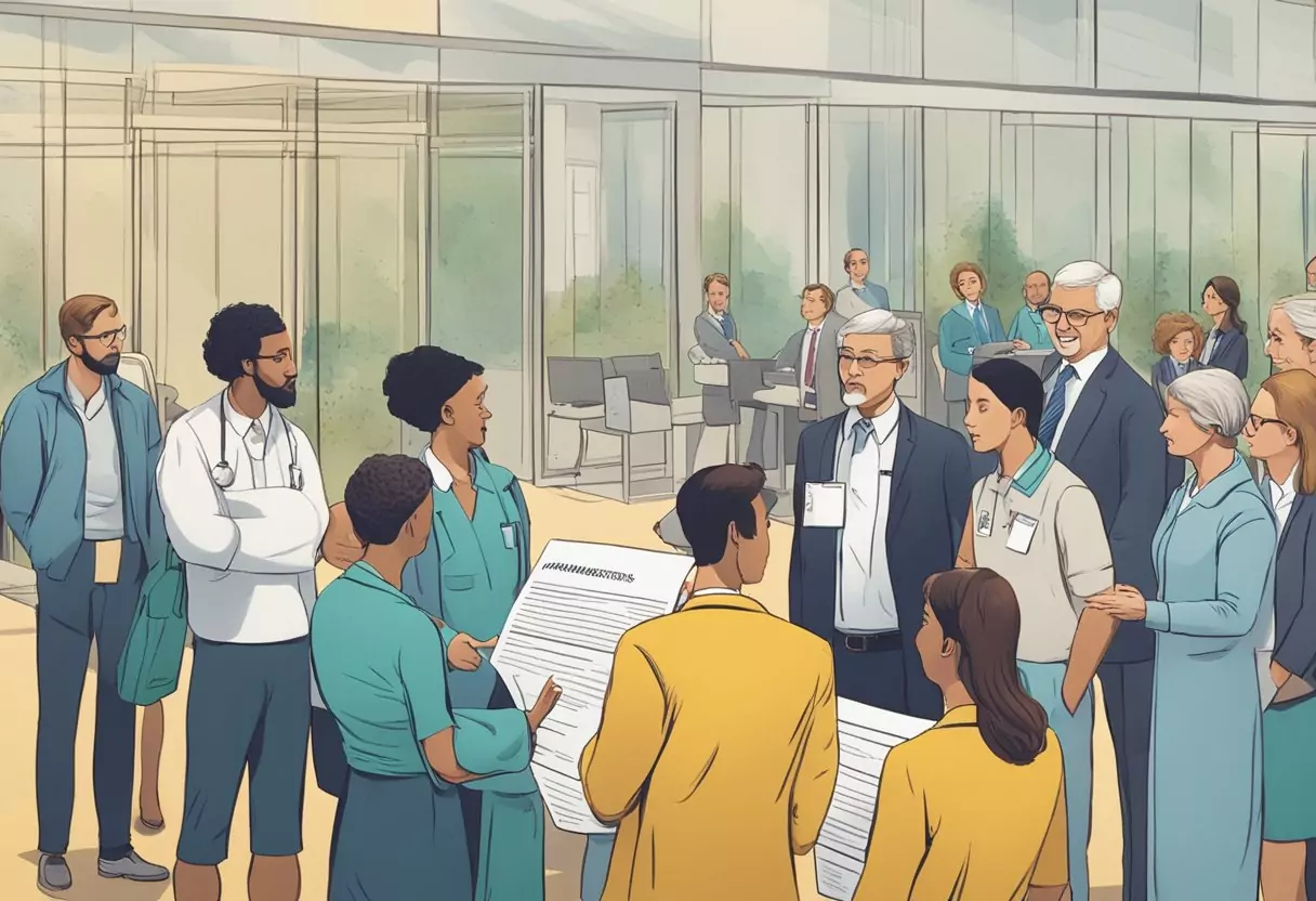 A group of people, possibly government employees, gathered around a sign that reads "Frequently Asked Questions Private Krankenversicherung für Beamte von ottonova." They appear to be discussing and seeking information about private health insurance options
