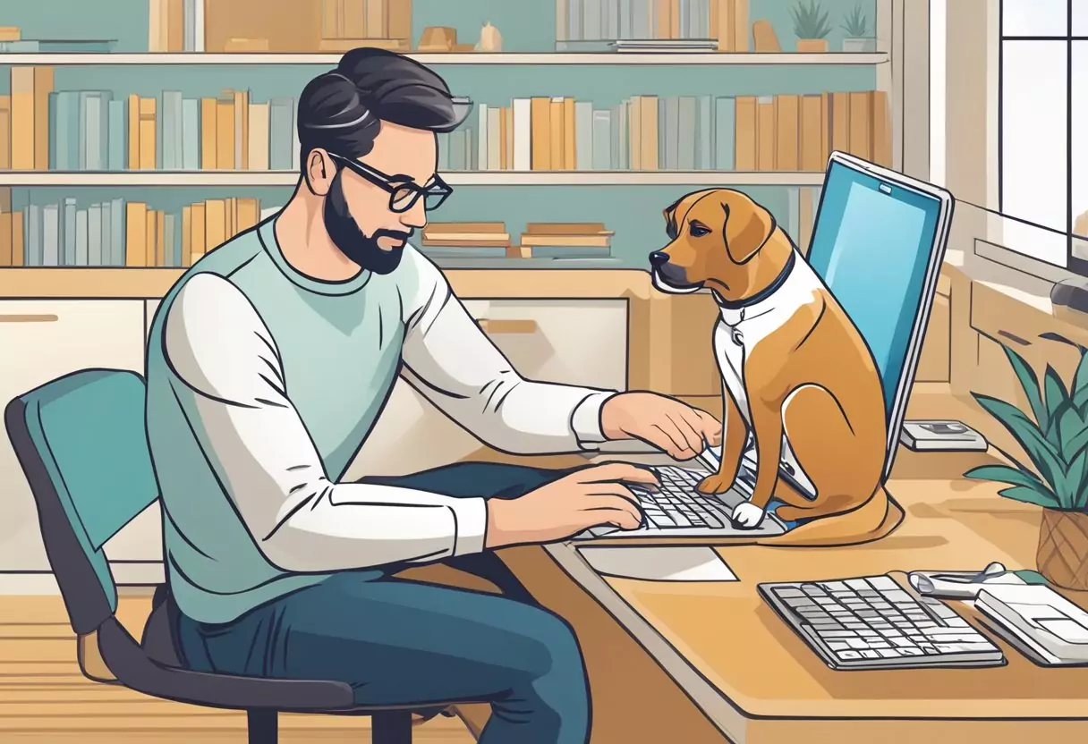 A dog owner compares different dog liability insurance options online, including AXA's Hundehaftpflichtversicherung