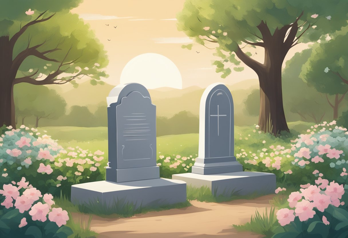 A serene, peaceful setting with a simple gravestone surrounded by flowers and a gentle breeze. The ERGO logo is subtly incorporated into the scene