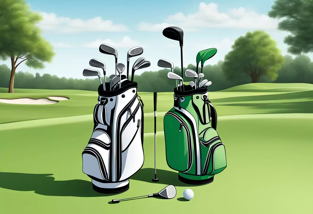 A golf bag sits beside a neatly arranged set of clubs, with a bright green golf course in the background