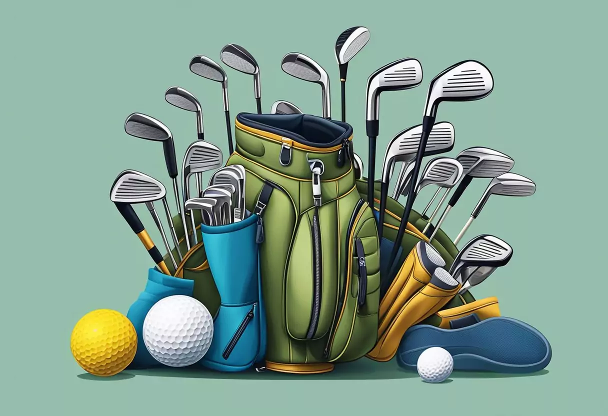 A golf bag with clubs, gloves, and other equipment, protected by an insurance policy