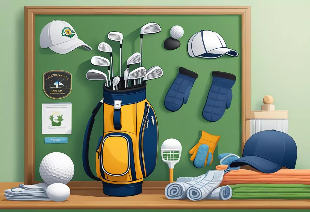 A golf bag with clubs, gloves, and a towel sits next to a sign listing insurance providers for golf equipment