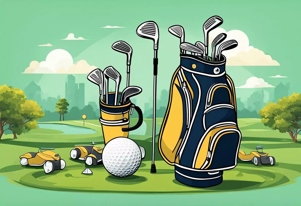 A golf bag with clubs and accessories, surrounded by question marks and insurance symbols, against a backdrop of a golf course