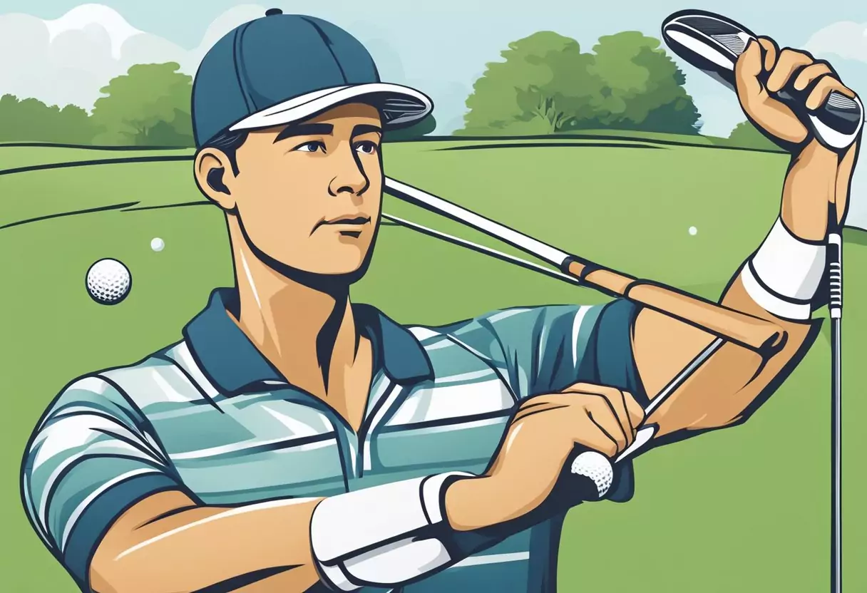 A golfer carefully comparing different golf insurance options, with a focus on golf equipment coverage