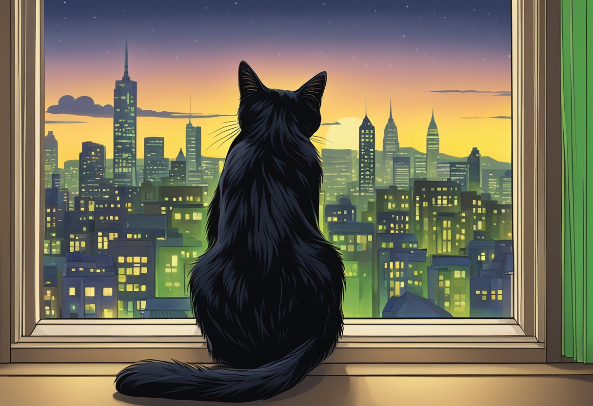 A black cat with bright green eyes sits on a window sill, overlooking a city skyline at dusk. The logo "Gothaer Katzenkrankenversicherung" is displayed prominently on the window pane