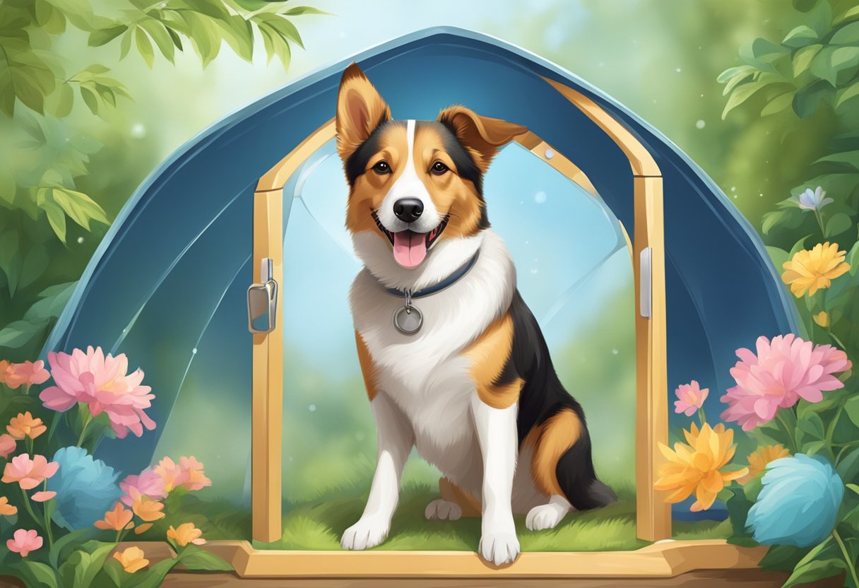 A happy dog with a wagging tail is surrounded by a protective shield, symbolizing the comprehensive coverage of BarmeniaDirekt's dog health insurance