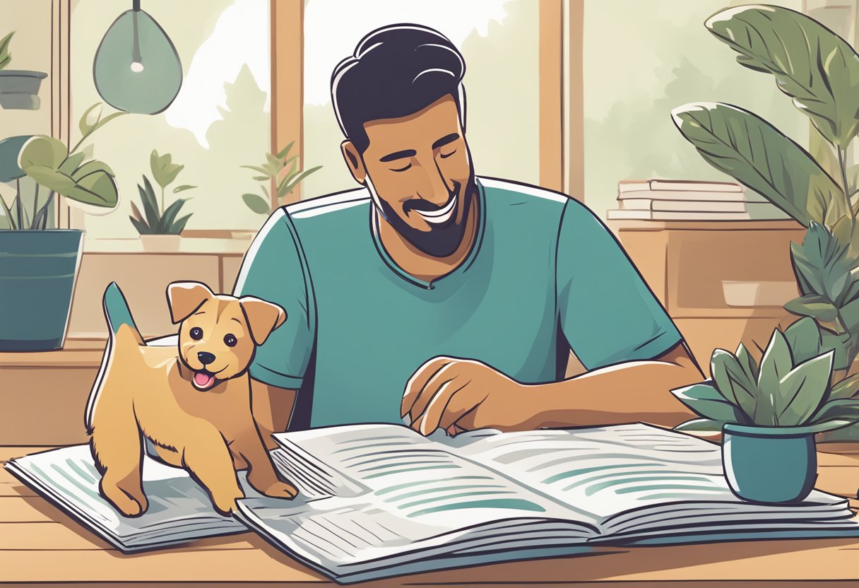 A happy dog with a wagging tail sits next to a BarmeniaDirekt pet insurance policy document. The sun is shining, and the dog looks healthy and well-cared for