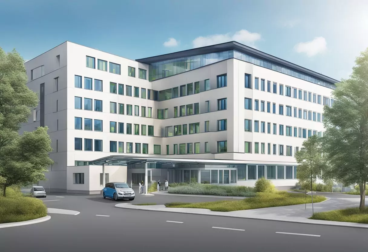 A hospital with the ERGO Zusatzversicherung logo displayed prominently