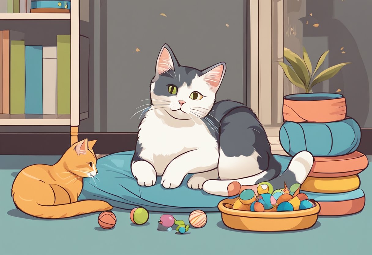 A cat lying on a cozy bed, surrounded by various toys and a bowl of water, while a curious kitten plays with a ball nearby