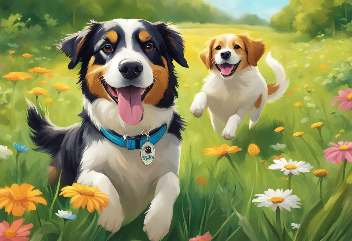 A happy dog with a wagging tail, wearing a BarmeniaDirekt pet insurance tag, playing in a vibrant meadow with other dogs