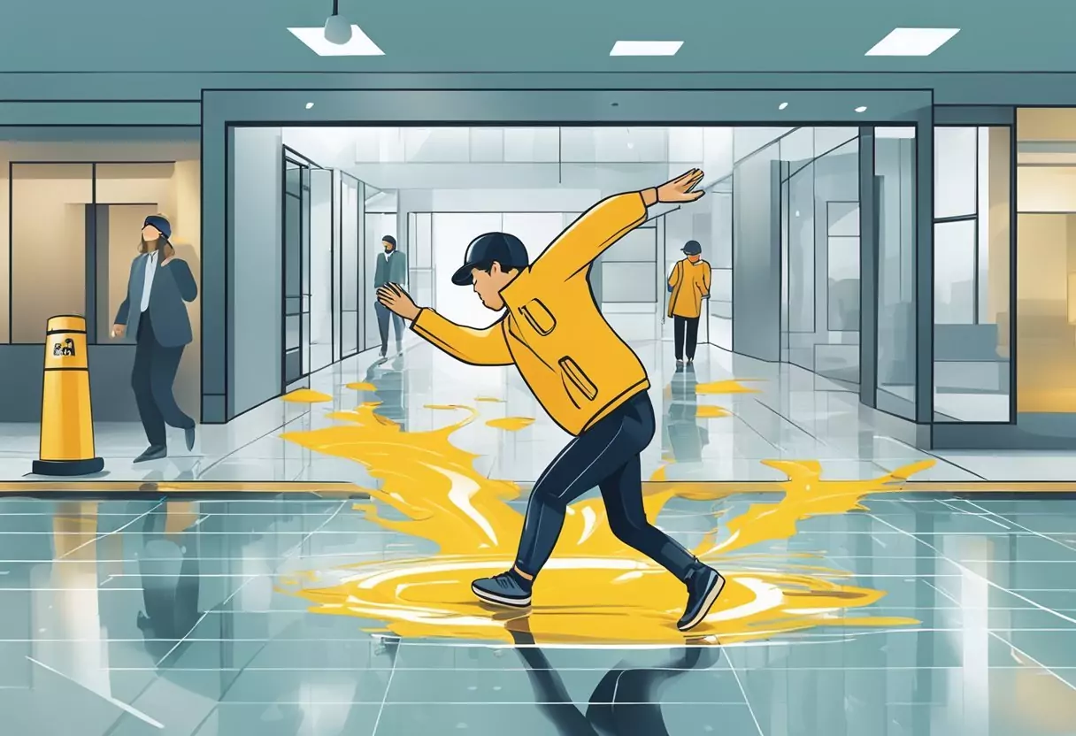 A person slipping on a wet floor and falling, with a "DA Direkt" insurance logo in the background