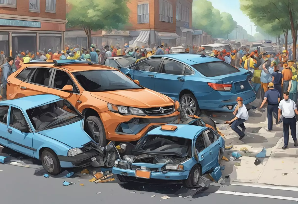 A scene of a car accident with two vehicles colliding on a busy street, surrounded by onlookers and emergency responders