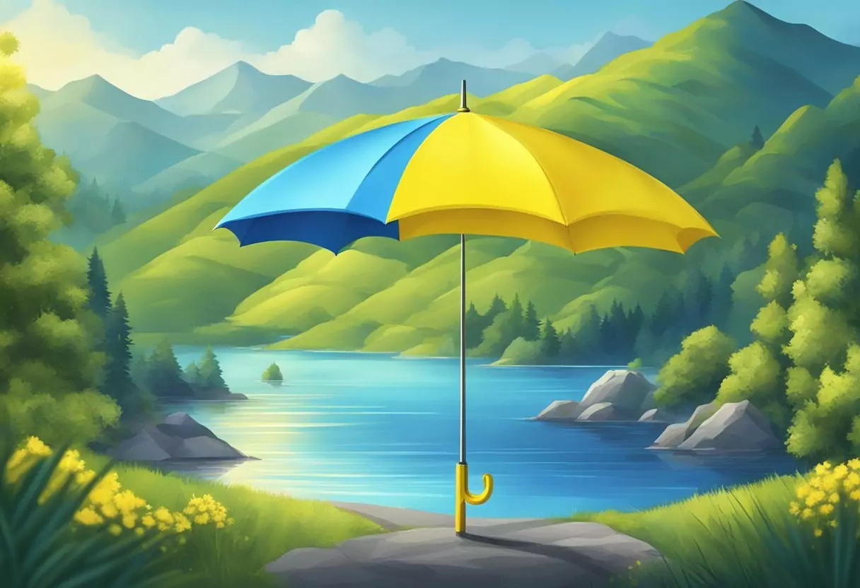 A bright blue and yellow umbrella logo of DA Direkt Unfallversicherung stands out against a backdrop of a serene and scenic landscape