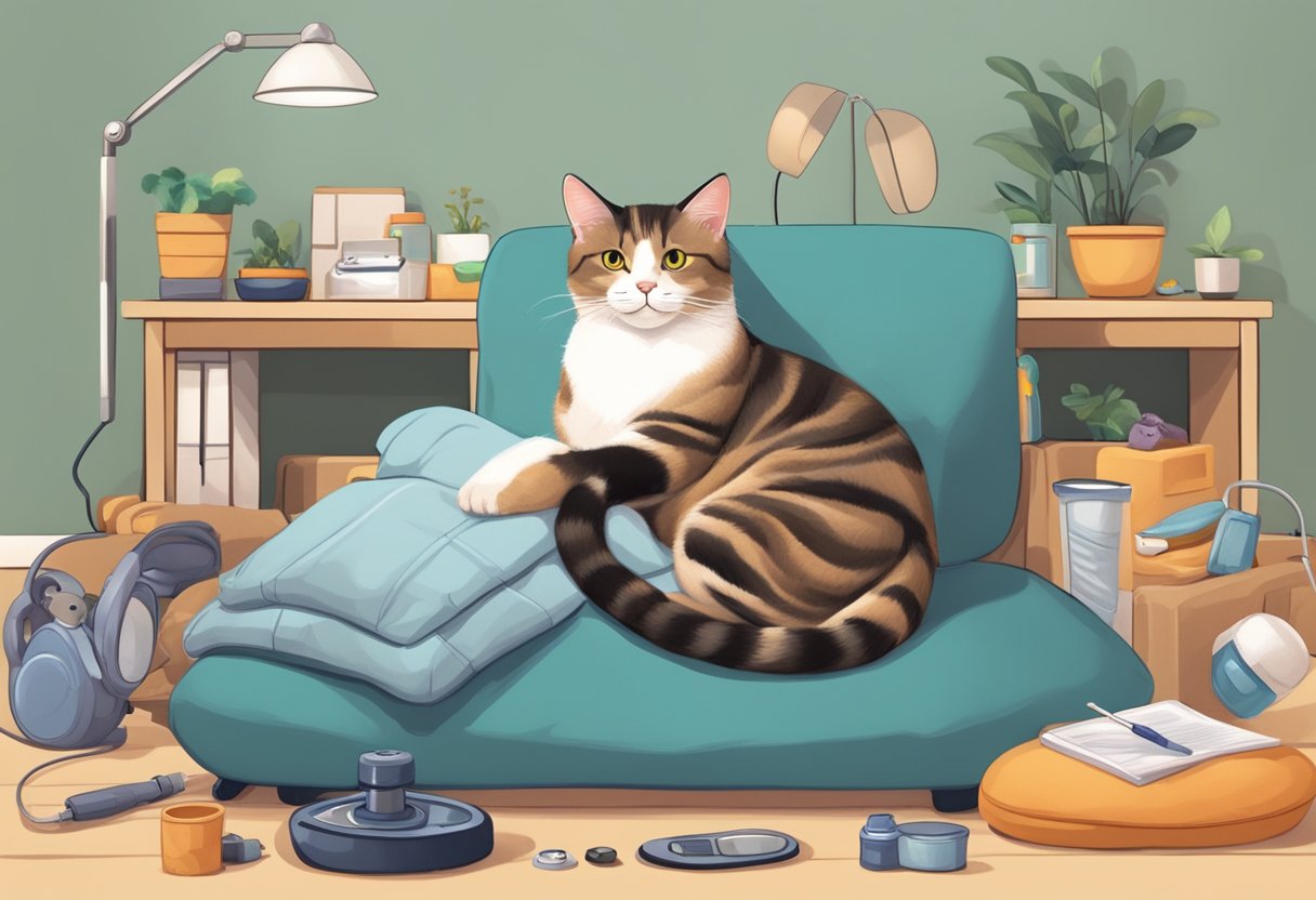 A cat lounges on a plush cushion, surrounded by toys and a cozy bed, while a veterinarian administers care with a stethoscope and medical supplies nearby