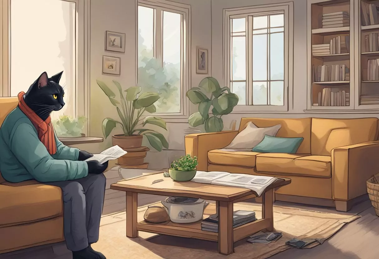 A cat with a bandaged paw sits in a cozy living room, while a concerned owner looks on. A Gothaer Katzenkrankenversicherung pamphlet is displayed on the table