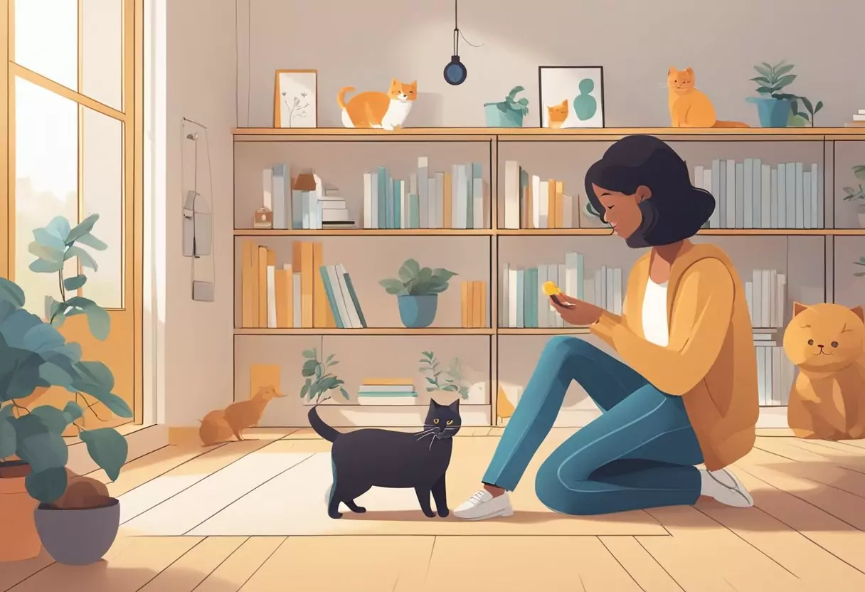 A cat happily plays with a toy while a satisfied owner looks on, surrounded by positive reviews and claims for Gothaer cat health insurance
