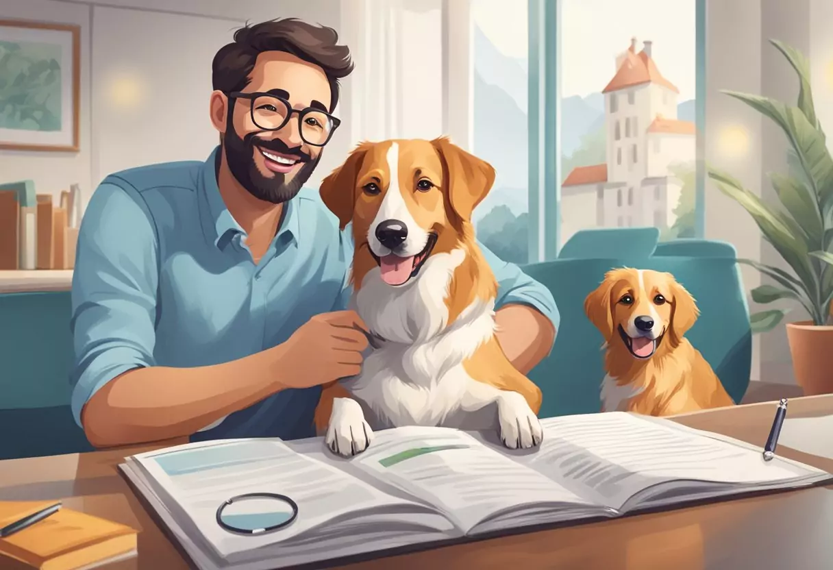 A happy dog with a bandage on its paw, next to a Bayerische insurance logo