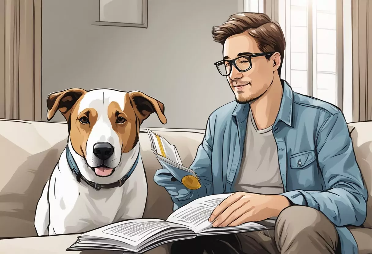 A dog owner reading a brochure on "Frequently Asked Questions Hundekrankenversicherung die Bayerische" with their pet sitting beside them