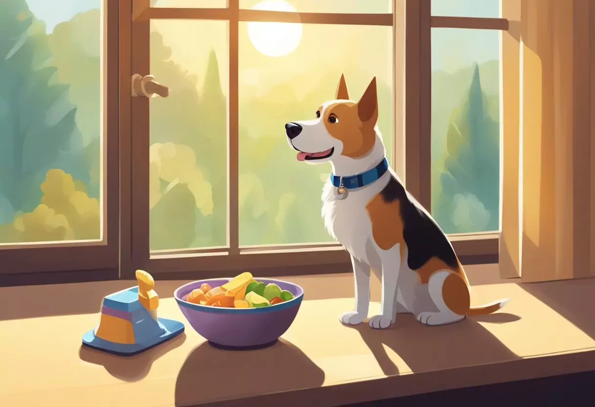 A happy dog with a wagging tail sits next to a bowl of food and a water dish, with a toy nearby. The sun is shining through a window, casting a warm glow on the scene