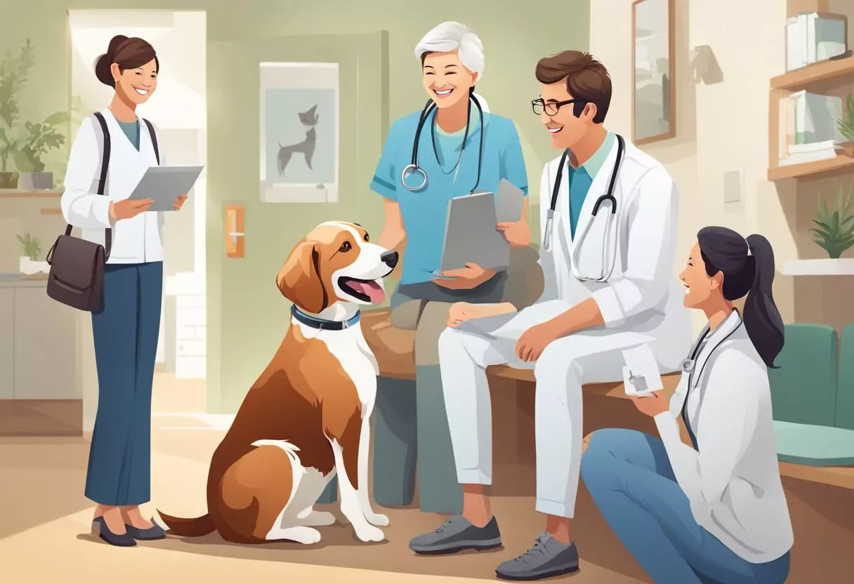 A happy dog with a wagging tail, surrounded by smiling owners and a veterinarian, all showing positive feedback and reviews for the Bayerische Hundekrankenversicherung