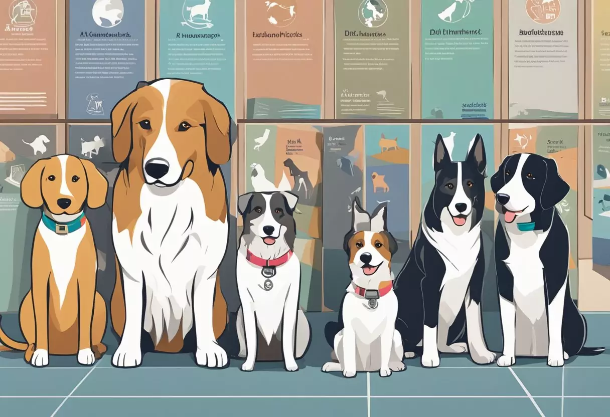 A group of dogs with different breeds and sizes stand in a row, each wearing a different colored collar. They are surrounded by various pet insurance brochures and a large sign that reads "Die Bayerische Hundekrankenversicherung im Verg