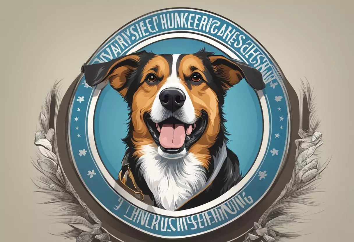 A happy dog with a wagging tail, surrounded by a protective shield with the words "Bayerische Hundekrankenversicherung" written on it