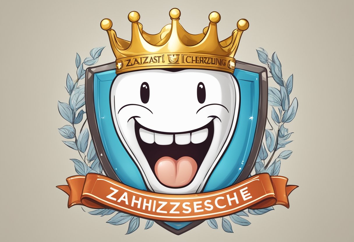 A smiling tooth with a golden crown surrounded by a shield with "Zahn­zusatz­versicherung die Bayerische" written on it