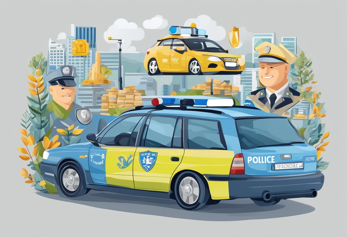 A colorful illustration of "Beiträge und Kosten der Police Zahn­zusatz­versicherung die Bayerische" with various insurance symbols and dental imagery