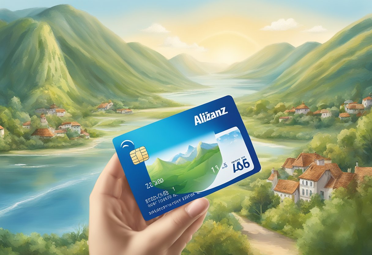 A traveler holding an Allianz Direct insurance card with a foreign landscape in the background
