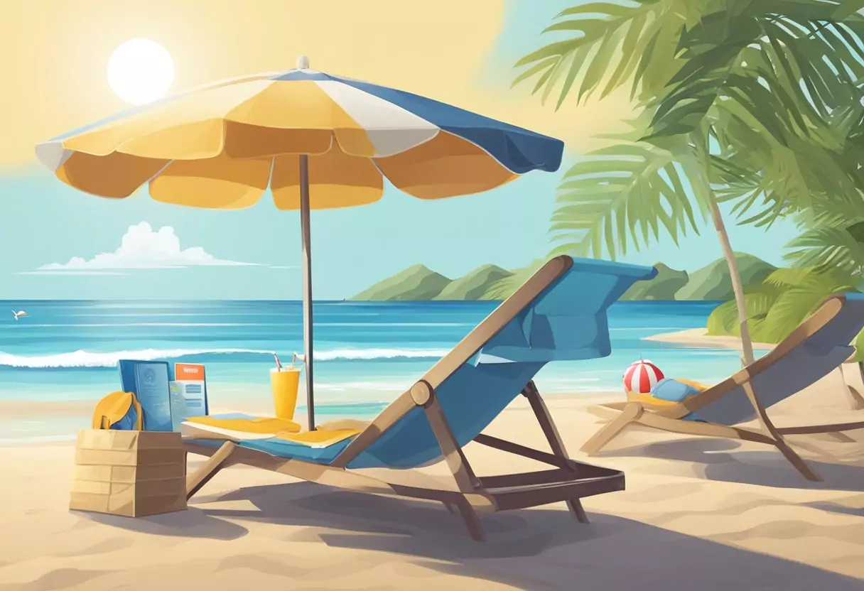 A sunny beach with a clear blue sky, a beach umbrella and lounge chairs, with a passport and travel insurance documents laid out on a table