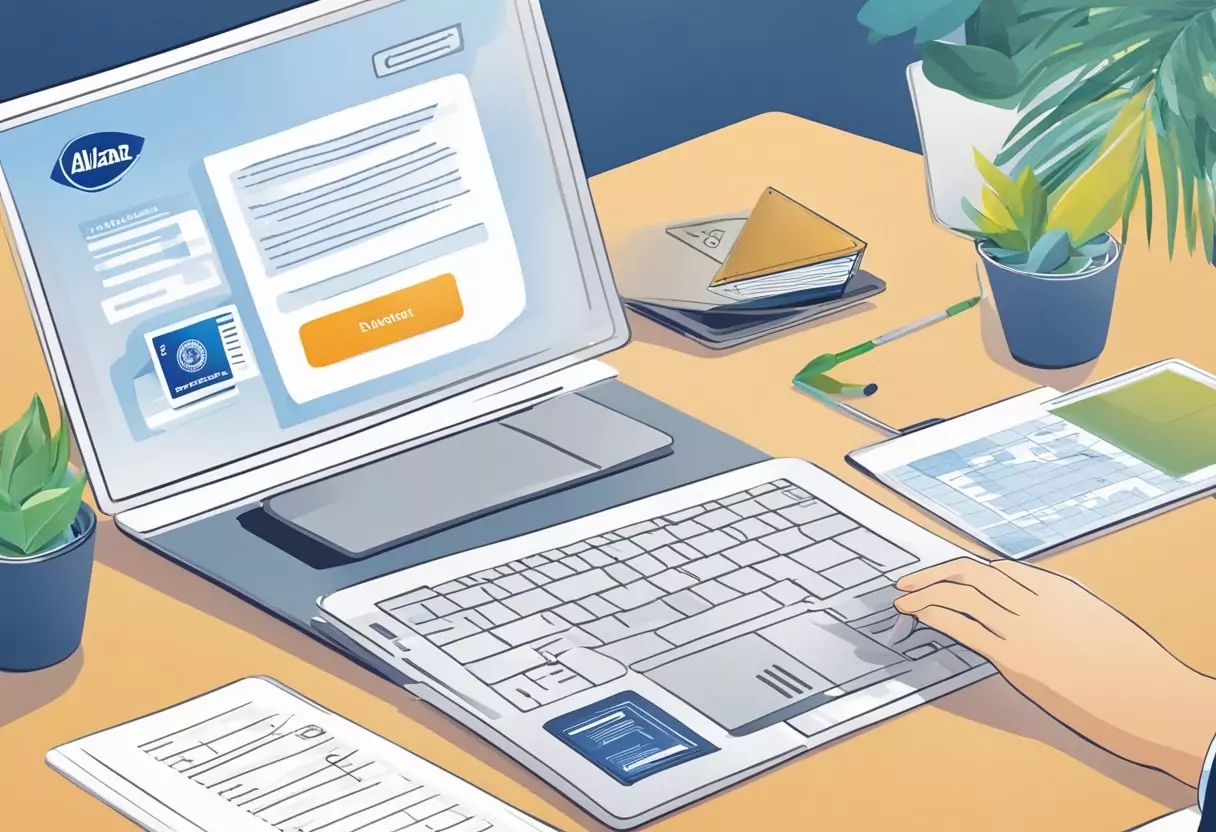 A person fills out a form online for Allianz Direct travel insurance, with a computer and passport on the table. The screen shows the step-by-step process
