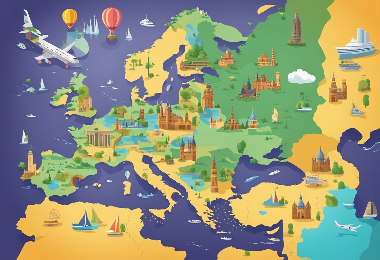 A colorful map of Europe with various landmarks and symbols, surrounded by travel-related items such as a passport, plane ticket, and camera