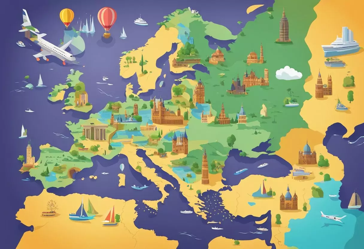 A colorful map of Europe with various landmarks and symbols, surrounded by travel-related items such as a passport, plane ticket, and camera