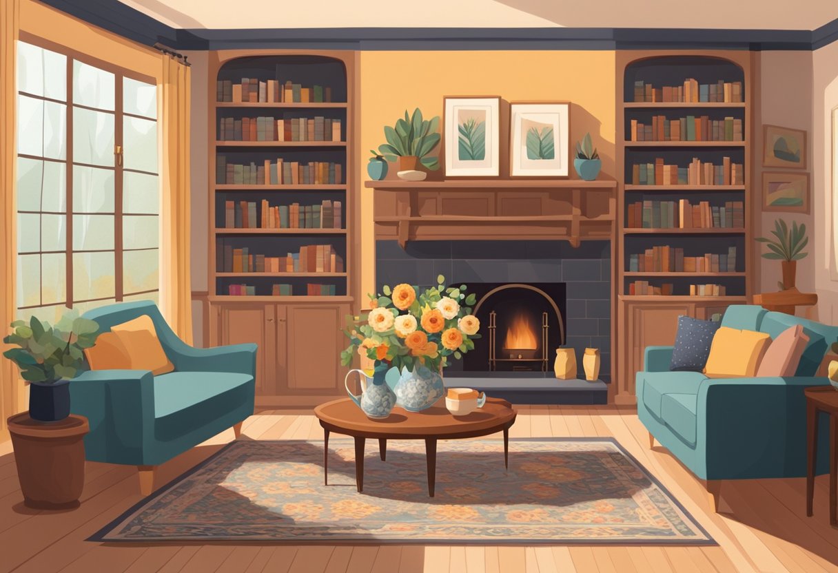A cozy living room with a fireplace, bookshelves, and a vintage rug. A table is set for tea with a vase of flowers. The room is filled with warm, natural light
