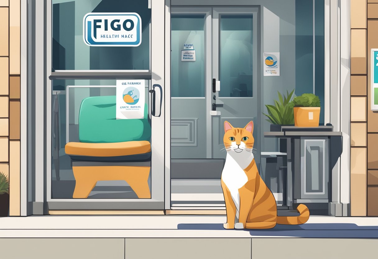 A playful cat leaps over a colorful logo for FIGO Katzenkrankenversicherung, surrounded by vibrant pet toys and a cozy bed