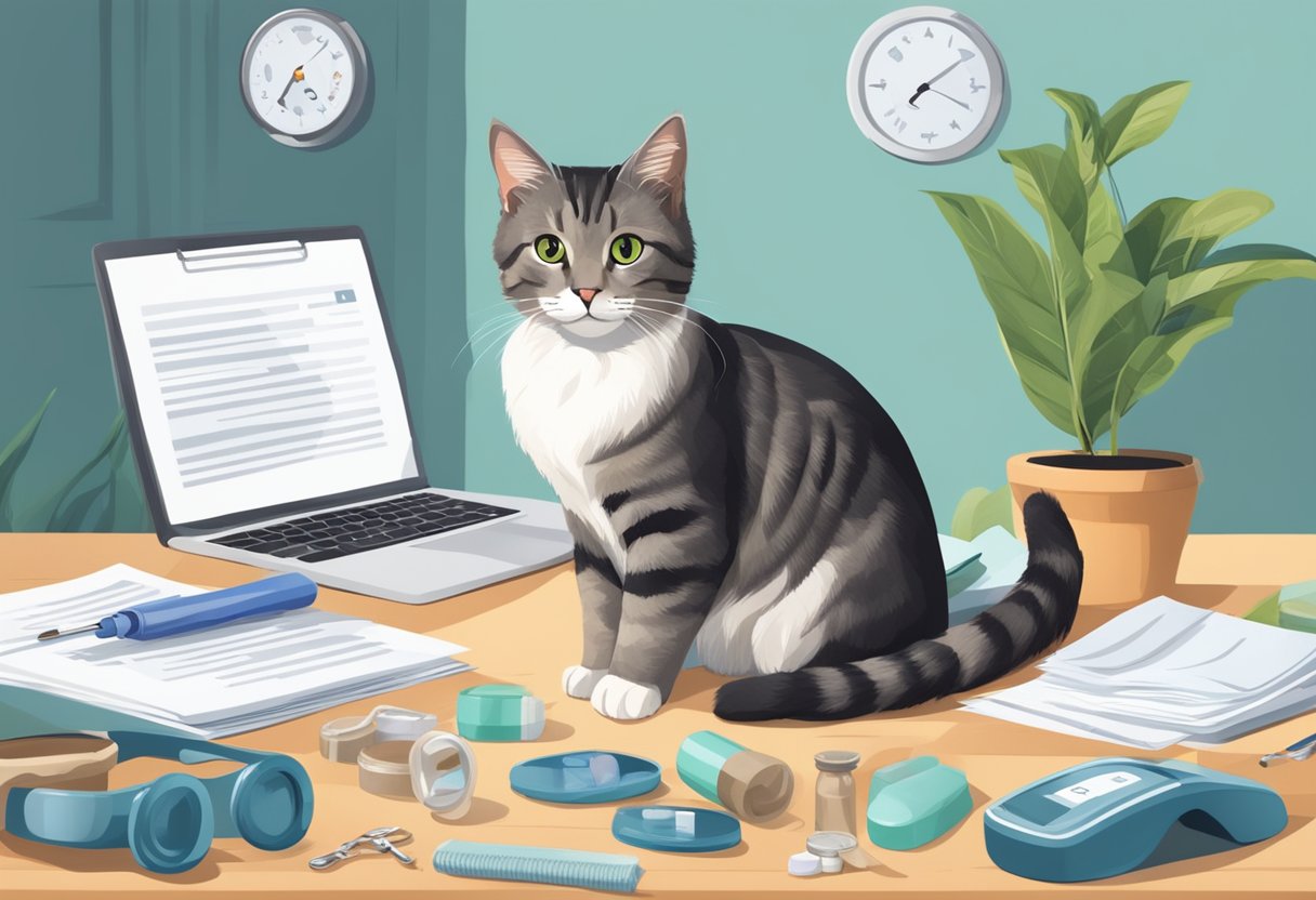 A cat sitting on a cushioned chair, surrounded by various medical supplies and a policy document for FIGO cat health insurance