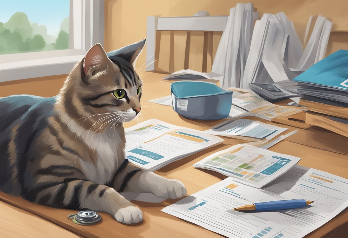 A cat with a bandaged paw sits next to a pet insurance brochure, a concerned owner looks on