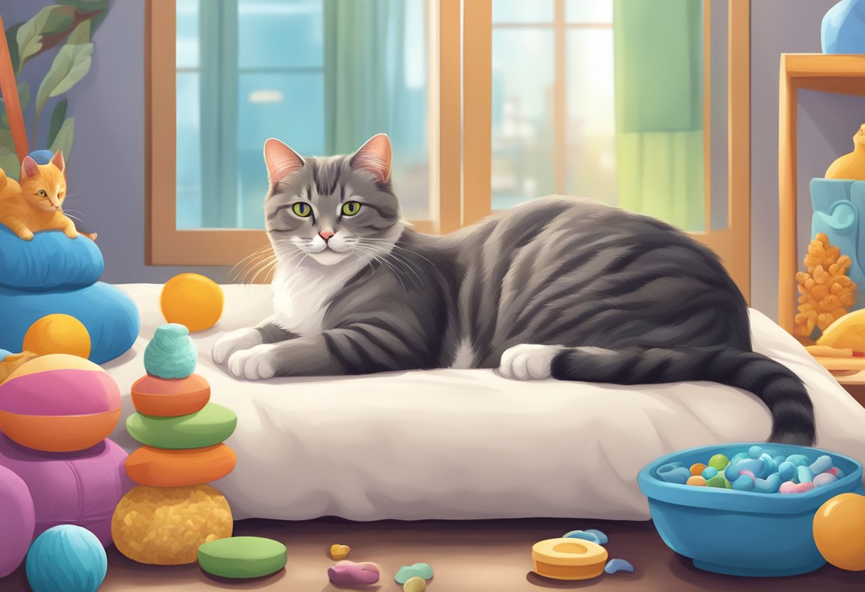 A cat lying comfortably on a cushioned bed, surrounded by toys and a bowl of food, with a veterinarian's office in the background