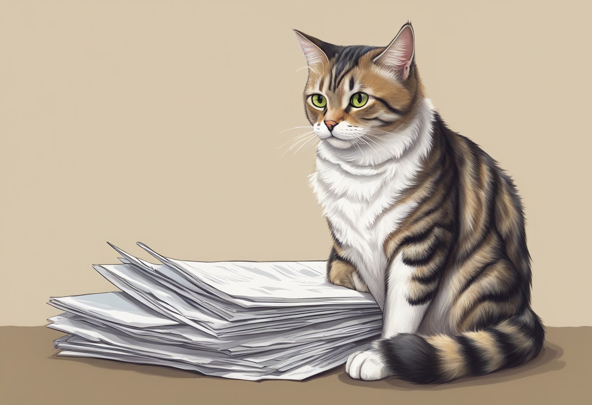A cat with a bandaged paw sits next to a stack of papers labeled "Frequently Asked Questions FIGO Katzenkrankenversicherung."