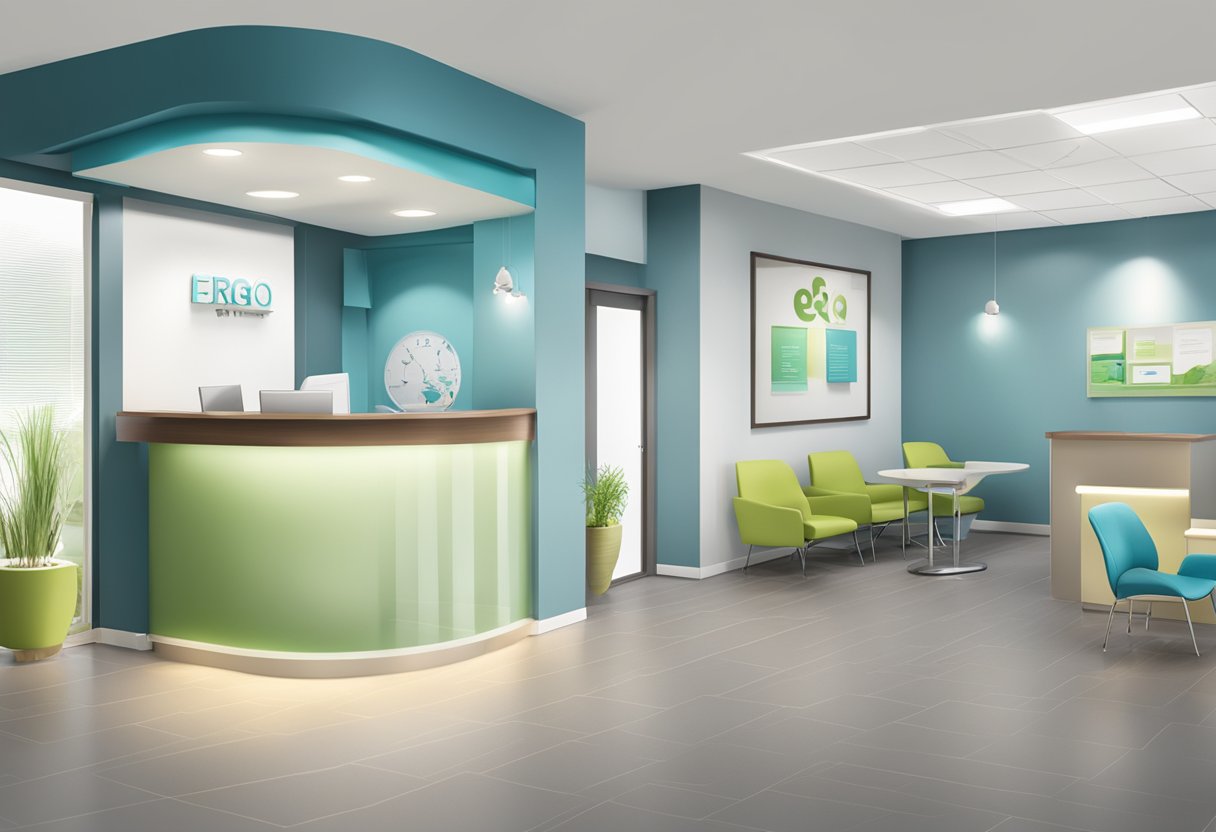 A dental office with a reception desk, waiting area, and signs for "Frequently Asked Questions ERGO Dental-Schutz" prominently displayed