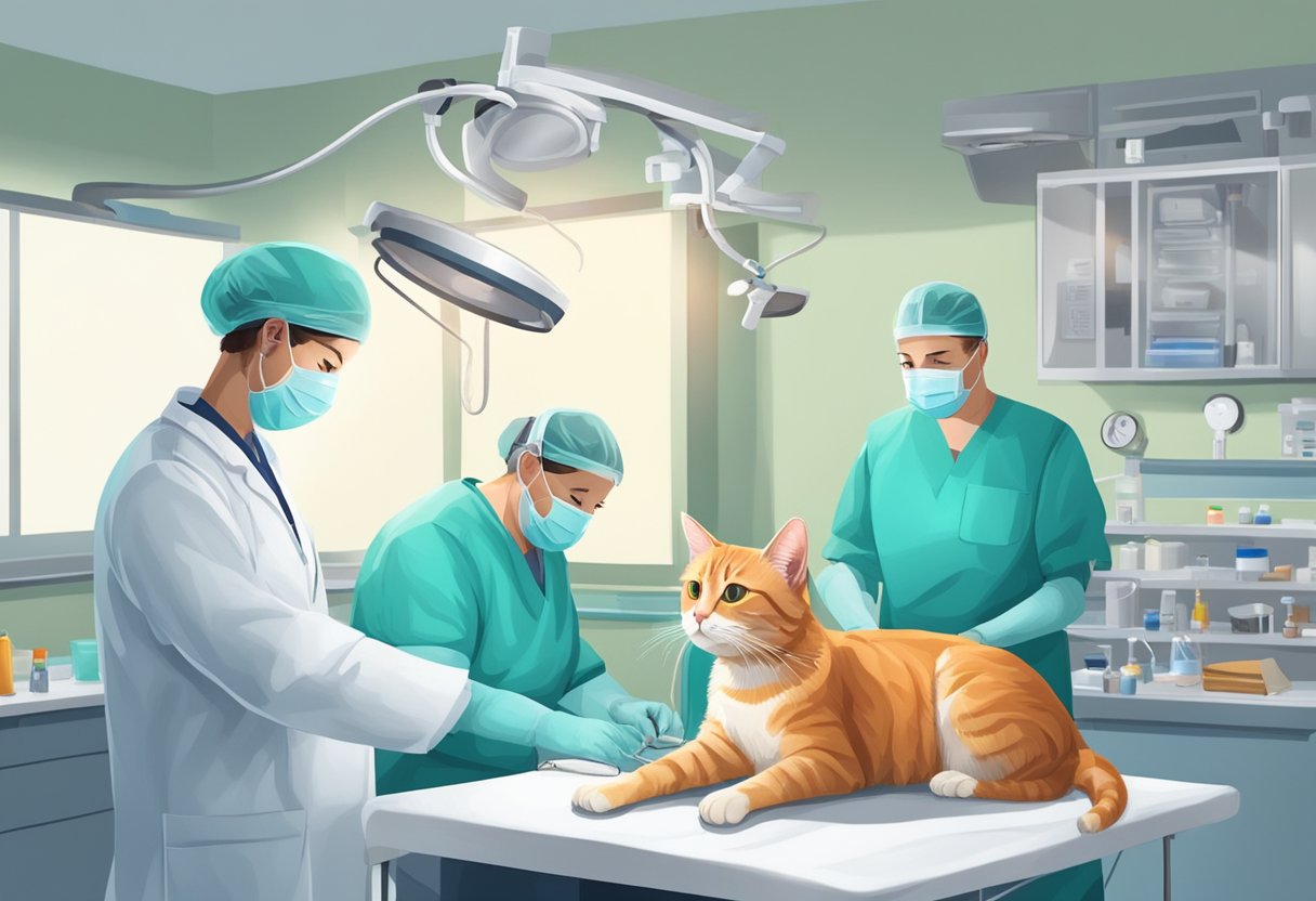 A cat undergoing surgery with a veterinarian and medical equipment in a clinic