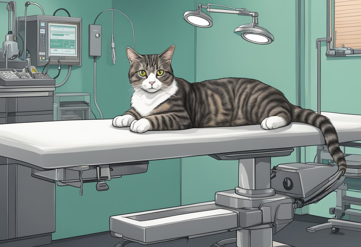 A cat lying on an operating table with a concerned vet and medical equipment in the background