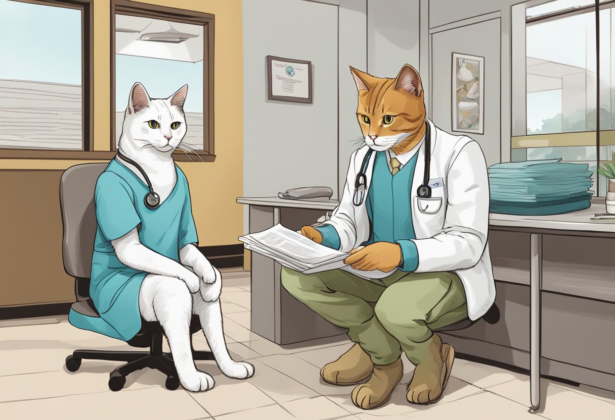A cat with a bandaged paw sits in a vet's office, while a concerned owner looks on. The vet holds a medical chart labeled "FIGO Cat Surgery Insurance."