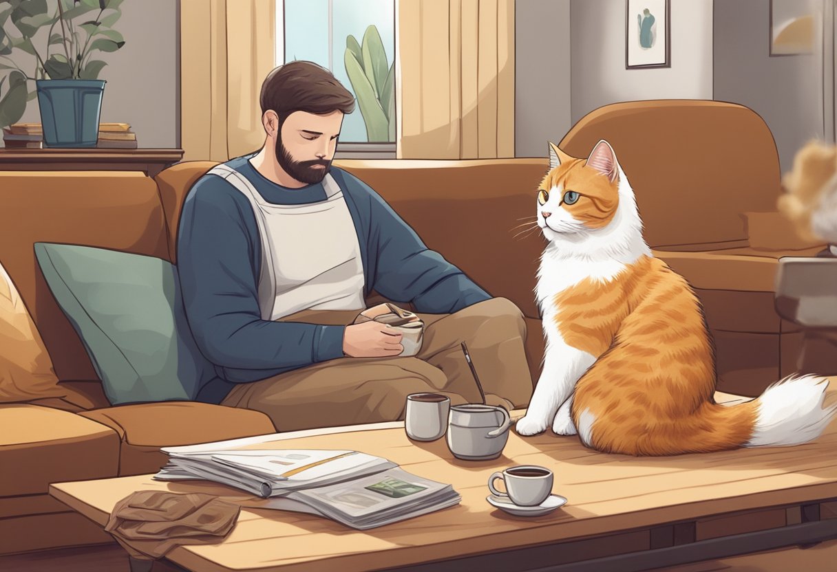 A cat with a bandaged leg sits in a cozy living room, while a worried owner looks on. A FIGO Katzen-OP-Versicherung pamphlet lies on the coffee table