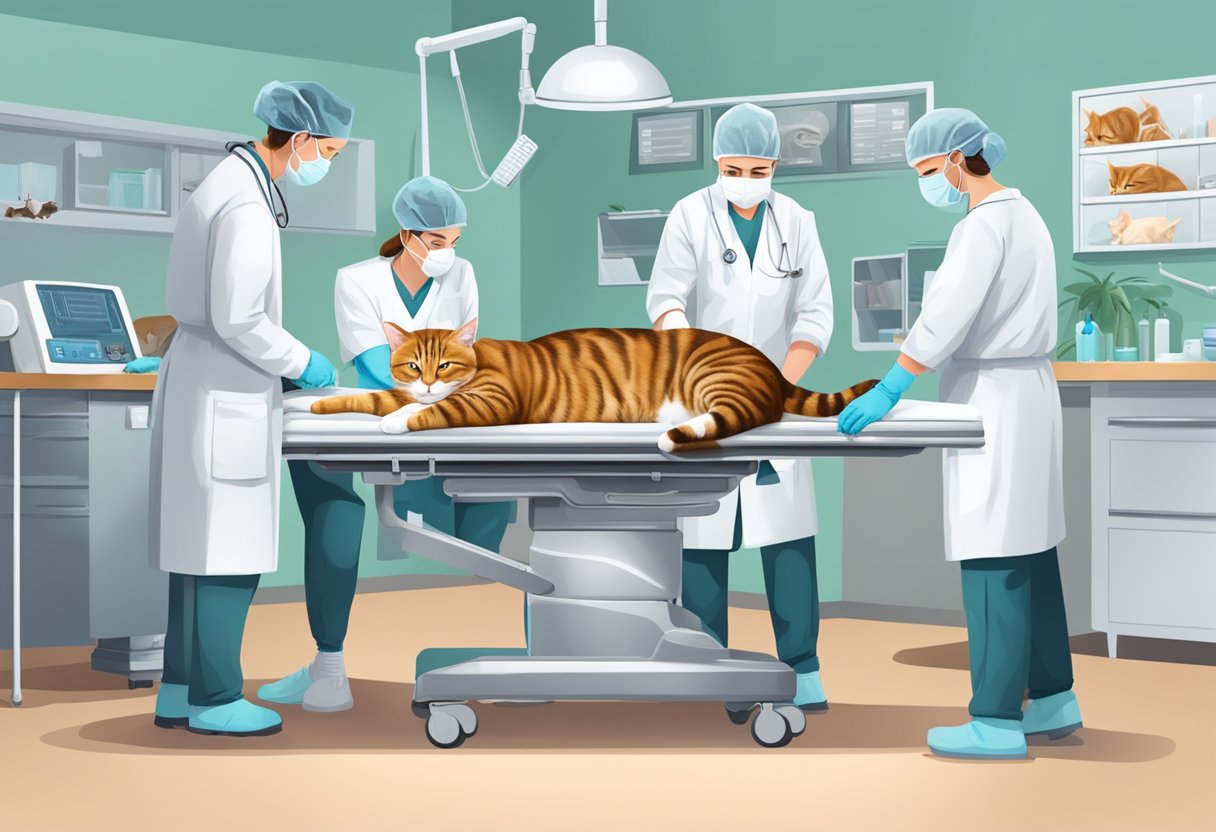 A cat lying on an operating table with a concerned veterinarian and a team of assistants preparing for surgery on its stomach