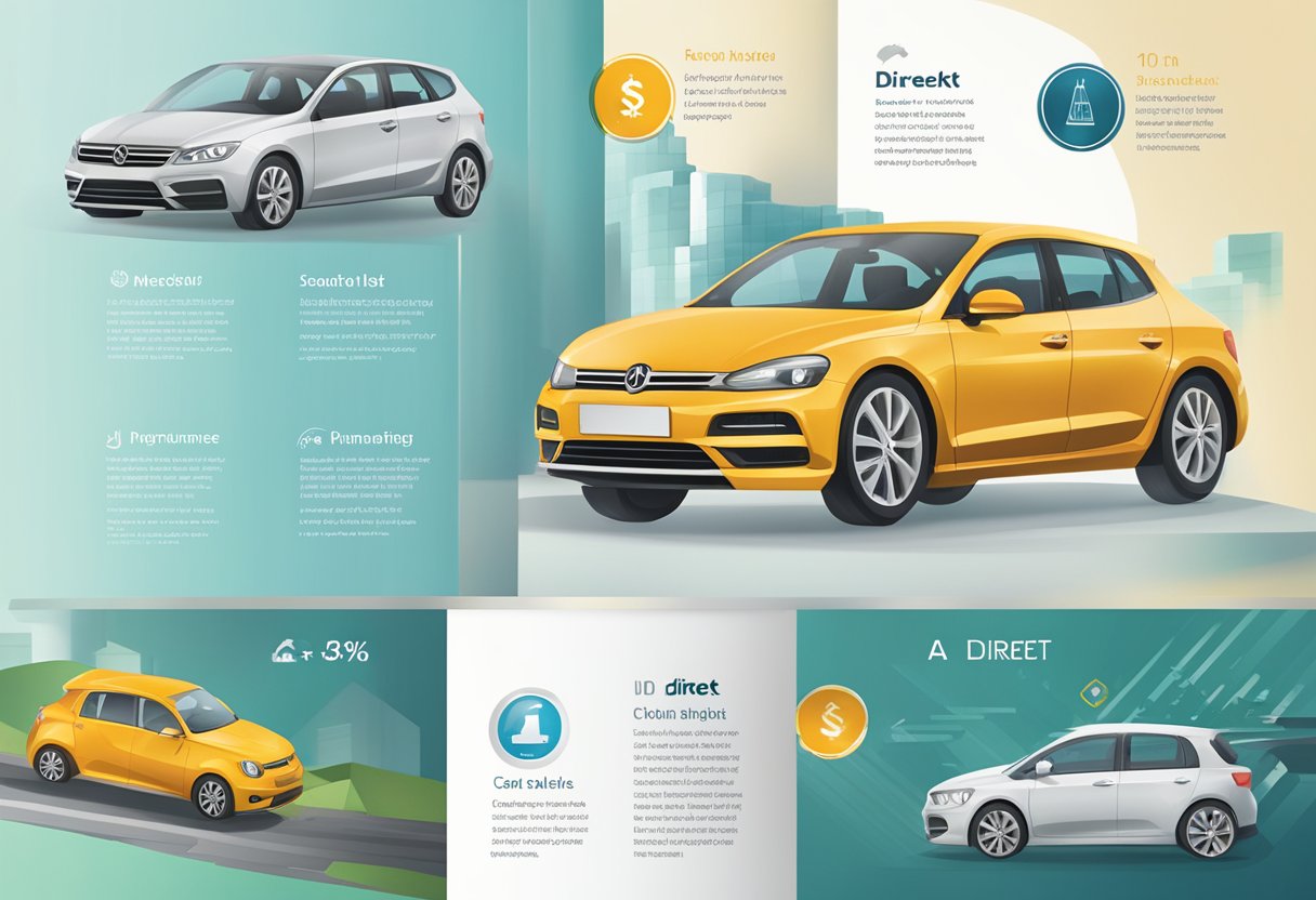 A car insurance brochure with DA Direkt logo, price chart, and vehicle illustrations for comparison
