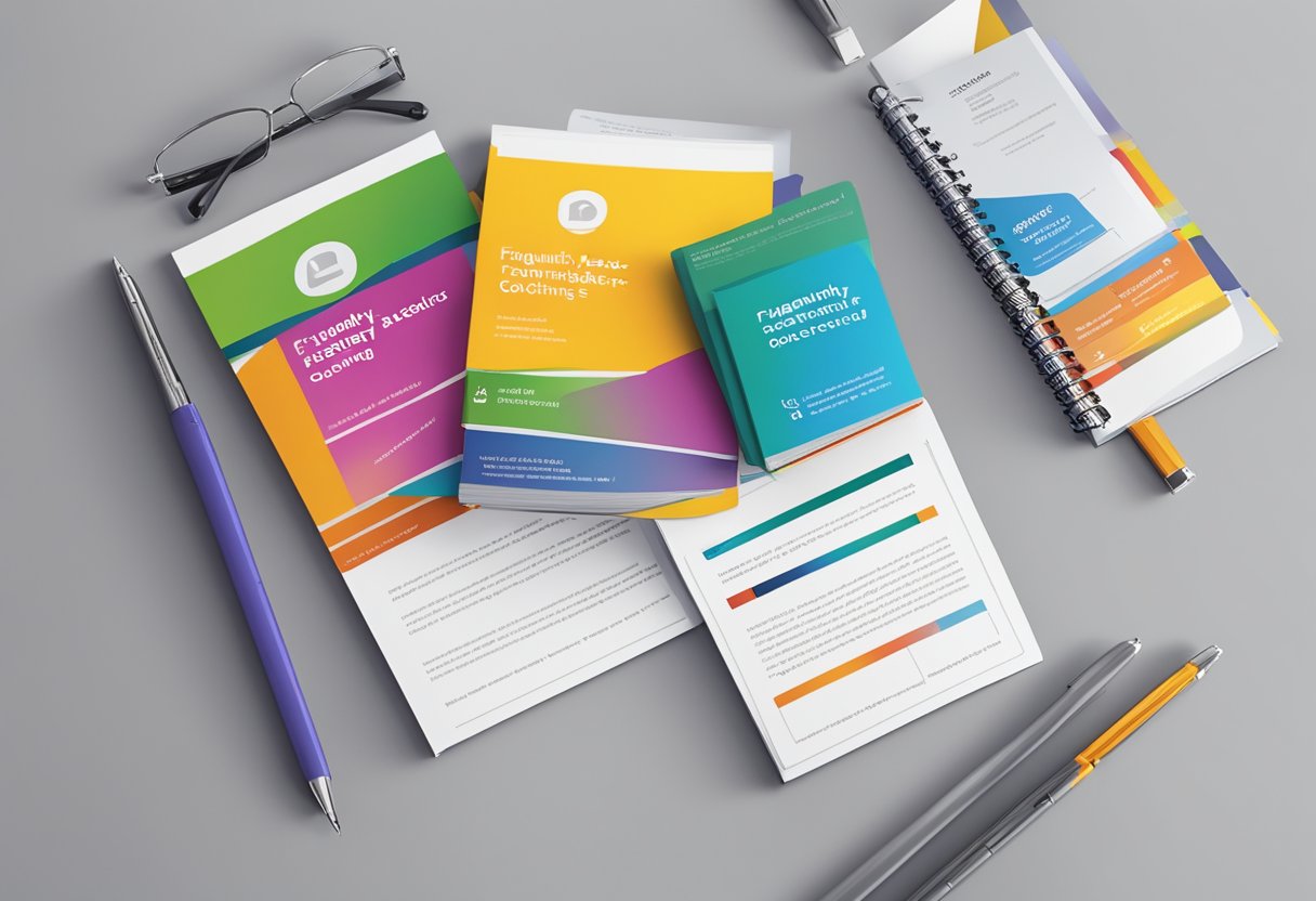 A stack of colorful brochures with "Frequently Asked Questions Zahnzusatzversicherung Gothaer" printed on the cover, surrounded by a laptop, pen, and notepad